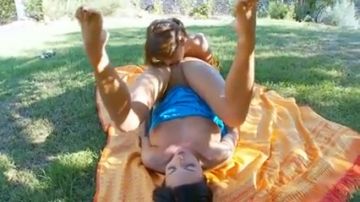 Two pretty girls making each other cum outside